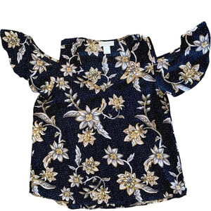 CYNTHIA ROWLEY Cold Shoulder Black Floral Top Women’s Size Small Boho Blouse